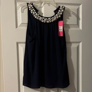 Shawn top in True Navy -Sleeveless Blouse with Pearl Accents